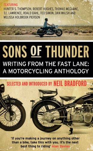 Book cover: "Sons of Thunder" anthology with motorcycles and desert landscape.