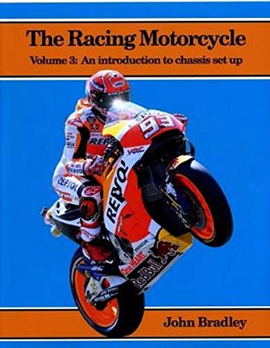 Technical book with motorcycle chassis setup diagrams and photos on a neutral background.