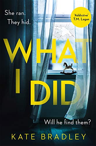 Book cover: dark curtains, broken window, rocking horse, yellow title text.