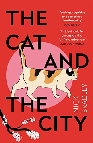 Book cover with a calico cat walking across a red background with cherry blossoms.