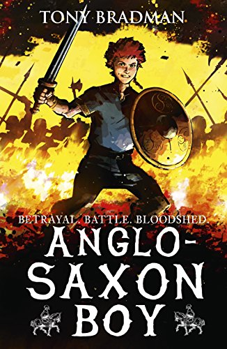 Boy with sword and shield stands before a battle scene.