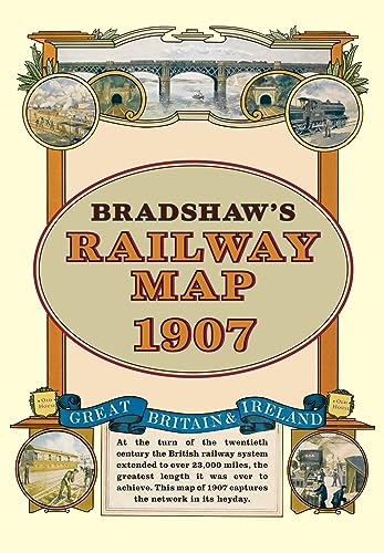 1907 Bradshaw's Railway Map cover with ornate border and train illustrations.