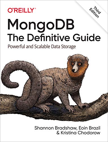 Book cover: "MongoDB: The Definitive Guide 3e" with a kinkajou illustration.