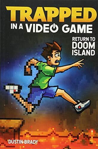 Book cover: pixelated boy running from fiery, blocky landscape.