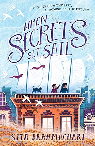 Book cover illustration showing two children and a cat on a rooftop with sails.