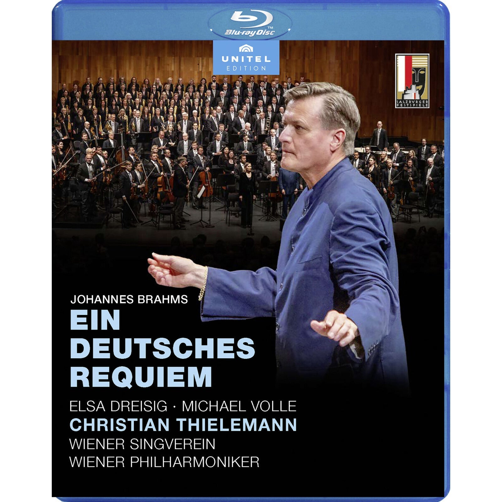Blu-ray cover for Brahms’ “Ein Deutsches Requiem” featuring a conductor.