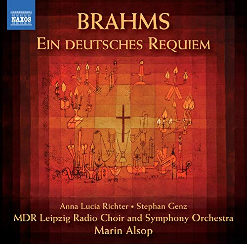CD cover for Brahms’ “A German Requiem” with a cross and candles.