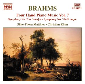 CD cover for Brahms’ Four-Hand Piano Music, Vol. 7, with a landscape painting.