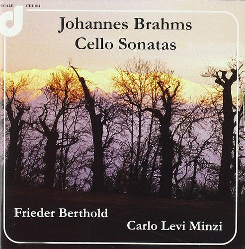 CD cover for Brahms’ Cello Sonatas with a mountain and tree landscape.