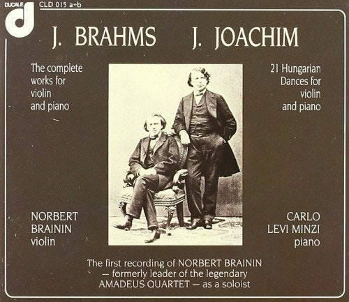 CD case featuring portraits of composers Brahms and Joachim, and violinists Brainin and Minzi.