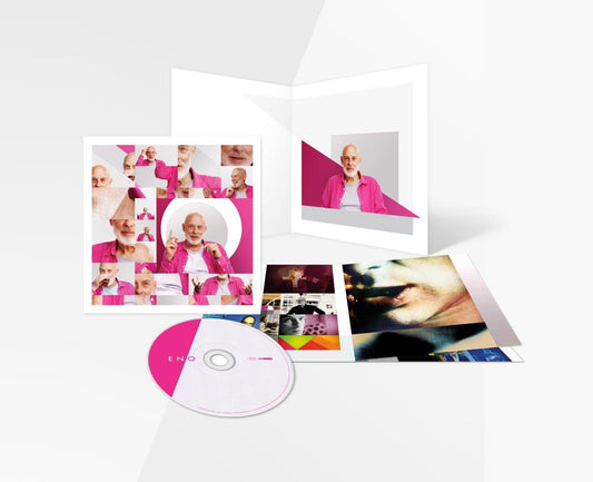 CD packaging with portraits of Brian Eno in pink and white tones.