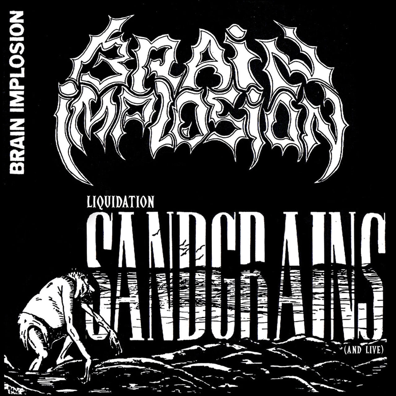 Black and white album cover with distorted text and a horse illustration.