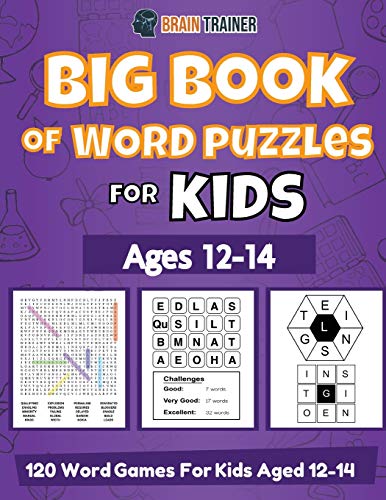 Book cover featuring word puzzles, grid games, and colorful text for ages 12-14.