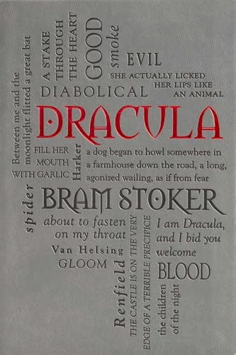 Gray book cover featuring the title Dracula in red text surrounded by embossed quotes.