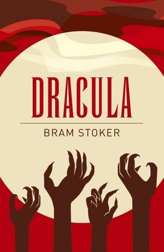 “Dracula” book cover with a full moon, reaching hands, and red accents.