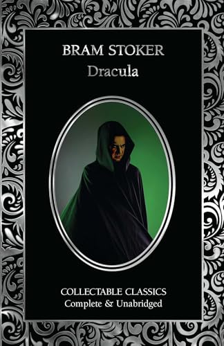 Book cover for Dracula by Bram Stoker featuring a hooded figure in an oval frame.