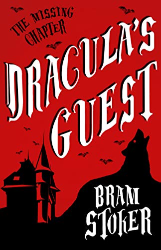 Red book cover with “Dracula’s Guest” title, castle, and wolf silhouette.