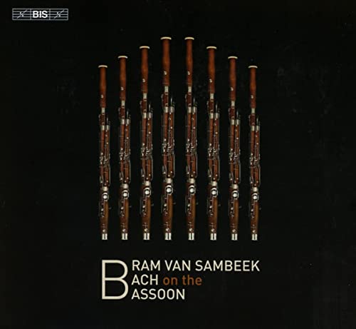CD cover featuring a row of dark wood bassoons and text: "Bach on the Bassoon".