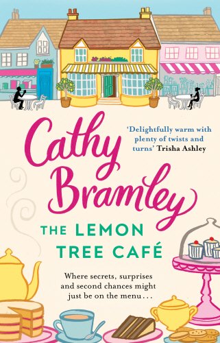 "Book cover featuring a yellow café, tea, and pastries on a beige background."