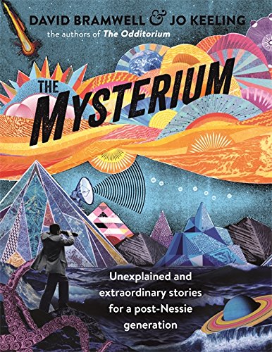 Book cover with illustrated planets, mountains, and a figure with binoculars.