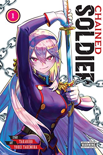 Anime-style girl with pink hair in a military uniform holding a sword amidst chains.