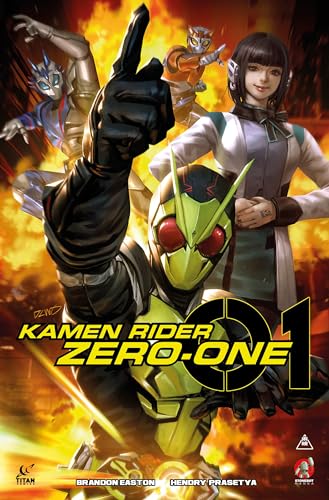Kamen Rider Zero-One graphic novel cover with armored figures and fiery background.