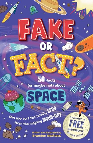 Book cover: "Fake or Fact? Space" with planets, rockets, and an astronaut.