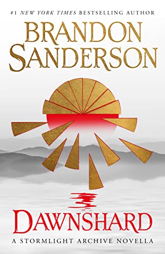 Book cover: red and gold sunburst over misty mountains, title "Dawnshard".