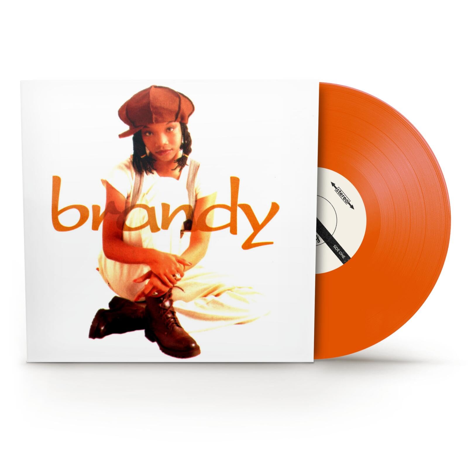 Brandy album cover and orange vinyl record against a white background.