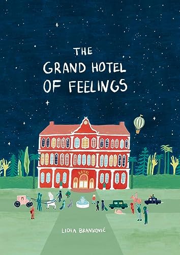 Book cover showing a red hotel under a starry sky with people and vehicles.