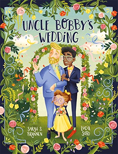 Two men and a young girl stand under a floral arch on a book cover.