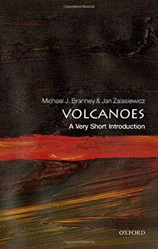 Book cover: "Volcanoes" by Brannery & Zalaziewicz, with red and black abstract art.