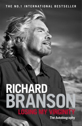 Black and white photo of Richard Branson on the cover of his autobiography.