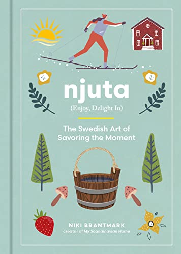 Book cover with illustrations of a skier, sun, forest, and berry basket.