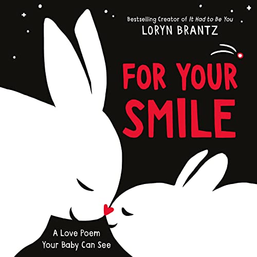 High-contrast book cover featuring two white rabbits touching noses against a black background.