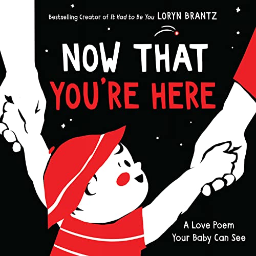 Black and white illustration of hands holding a red-hatted baby.