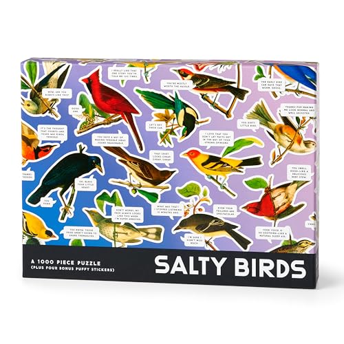 Puzzle box featuring illustrated birds with humorous speech bubbles.