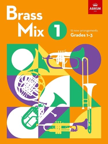 Colorful cover of “Brass Mix, Book 1” featuring brass instruments.