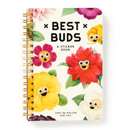 Spiral-bound sticker book with cartoon flowers featuring large googly eyes.