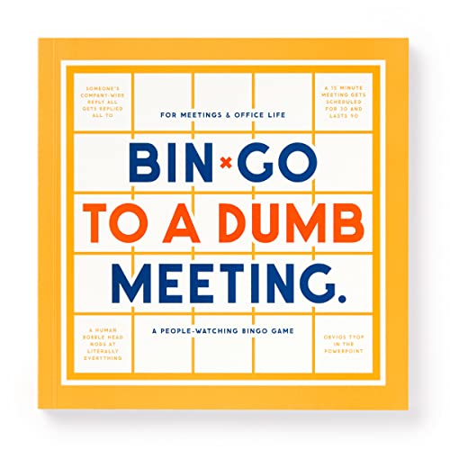 Orange bingo book cover with blue and red text: "Bin-go to a Dumb Meeting.