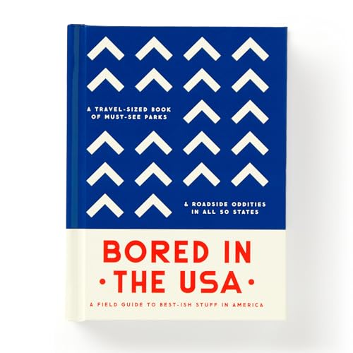 Blue and cream travel guidebook titled “Bored In The USA” with arrow pattern.