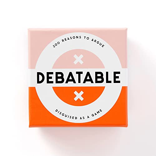 Pink and orange box for "Debatable" game with a circular design.