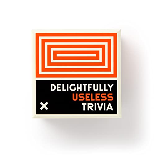 Boxed trivia game with orange and white geometric design and black text.