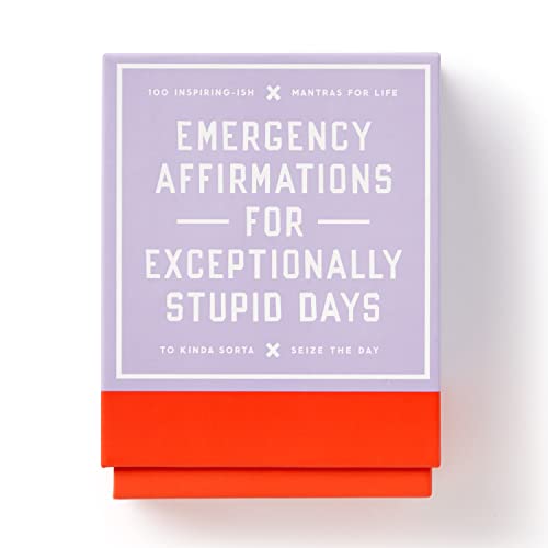 Lavender card deck with red base, text reads "Emergency Affirmations for Exceptionally Stupid Days.
