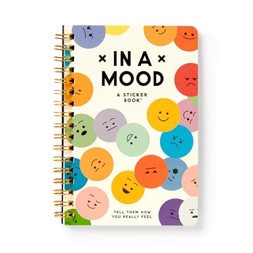 Spiral-bound sticker book cover with colorful faces expressing different emotions.