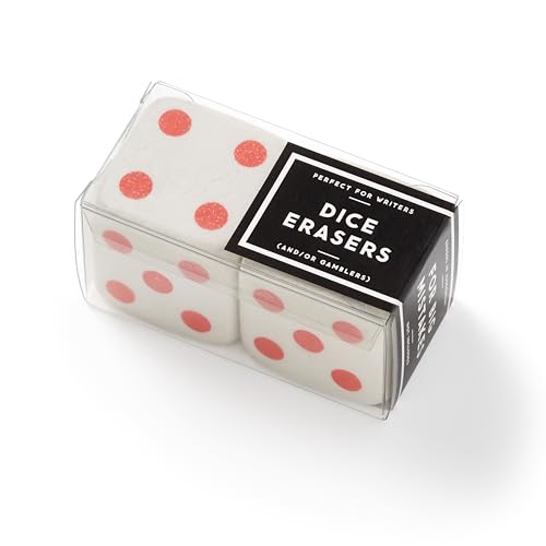 White dice-shaped erasers in a clear plastic container with black label.