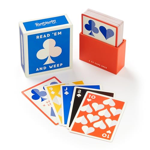 Brightly colored "Read Em and Weep" playing cards and box, scattered cards.