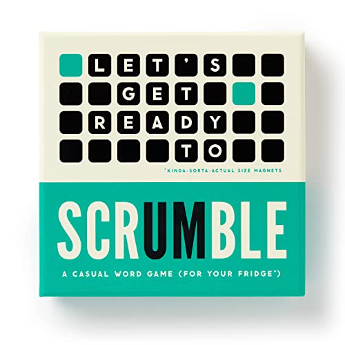 Scrumble magnetic word game box with teal, white, and black lettering.
