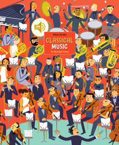 Colorful illustrated book cover showing a large orchestra with musicians playing various instruments.