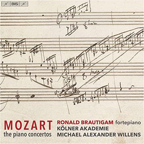CD cover featuring handwritten musical notation and text for Mozart Piano Concertos by Brautigam.